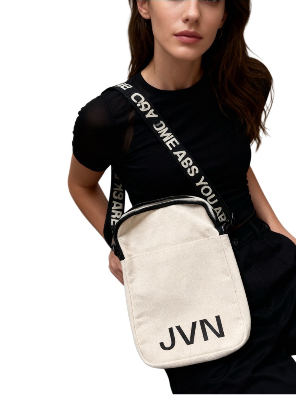 JVN 
Cream Canvas Messenger Bag with Black Branded Strap